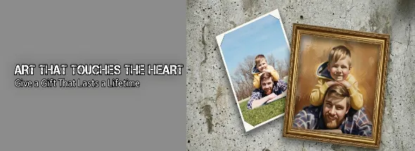 Framed custom oil painting of a father and child displayed with the original photos, showcasing heartfelt, one‑of‑a‑kind portrait artwork.